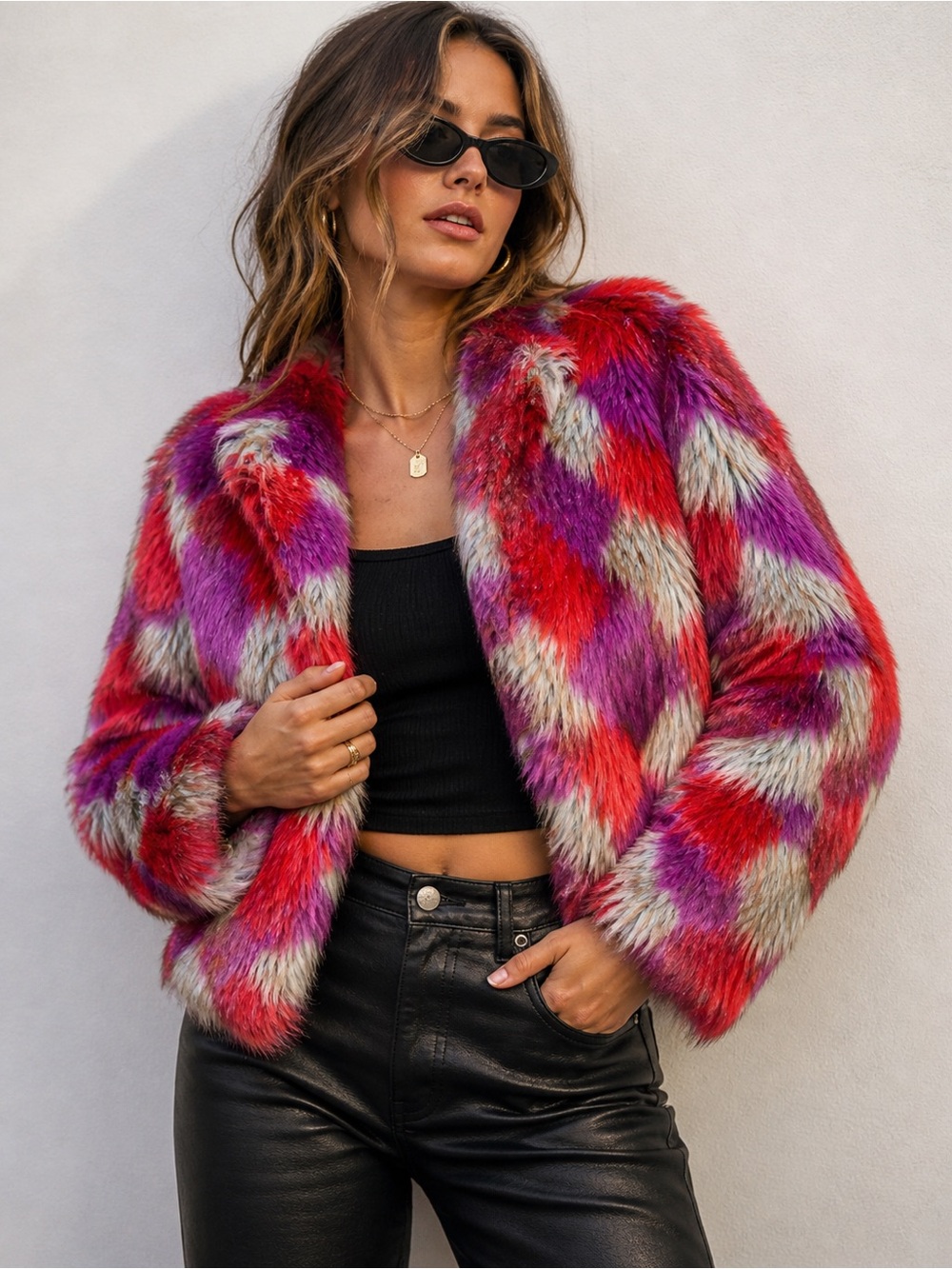 UNIF Faux Fur Jacket Red Purple Cropped Statement Festival M